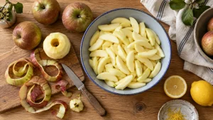 Geschälte Äpfel werden für den Apfelkuchen in dünne Spalten geschnitten