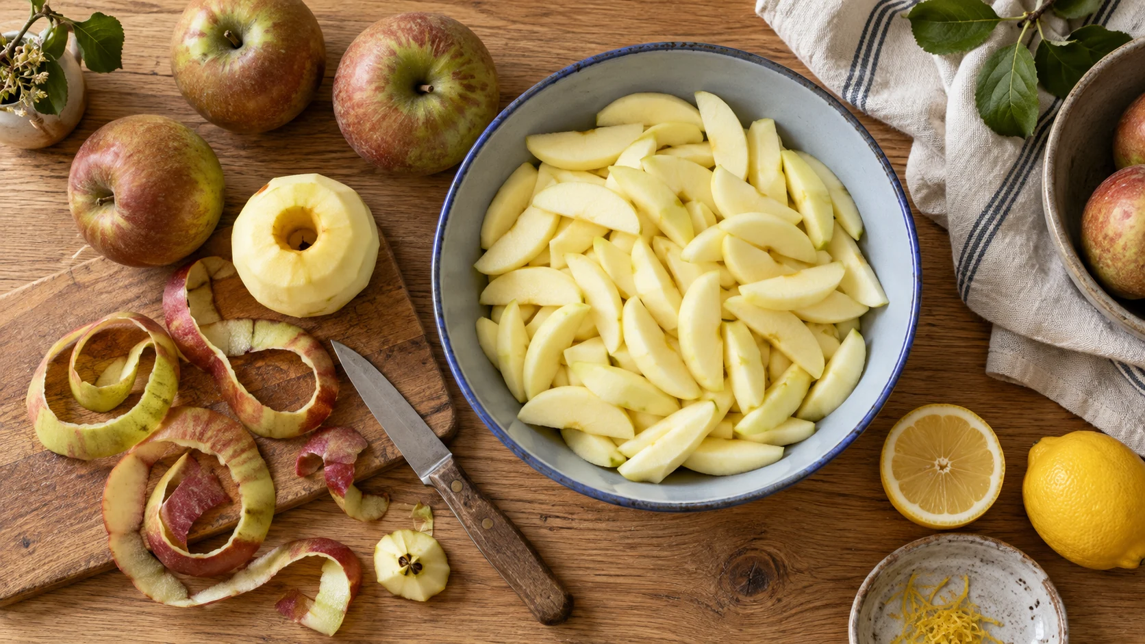 Geschälte Äpfel werden für den Apfelkuchen in dünne Spalten geschnitten