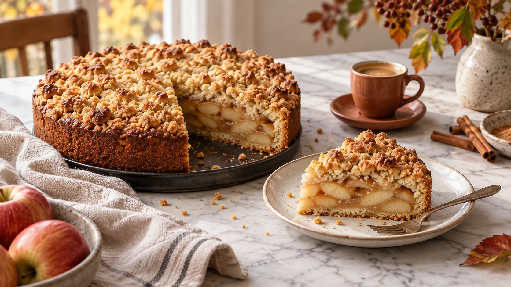 Apfelkuchen mit goldbraunen Streuseln und einem angeschnittenen Stück