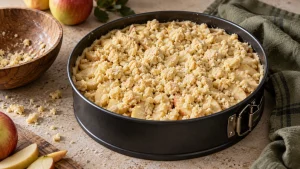 Apfelkuchen mit Streuseln in der Springform vor dem Backen