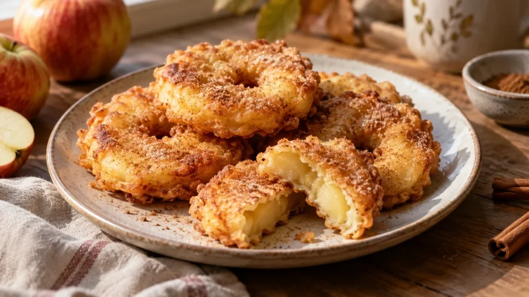 Goldbraune Apfelküchle aus dem Airfryer mit weichem Apfelinneren auf einem Teller