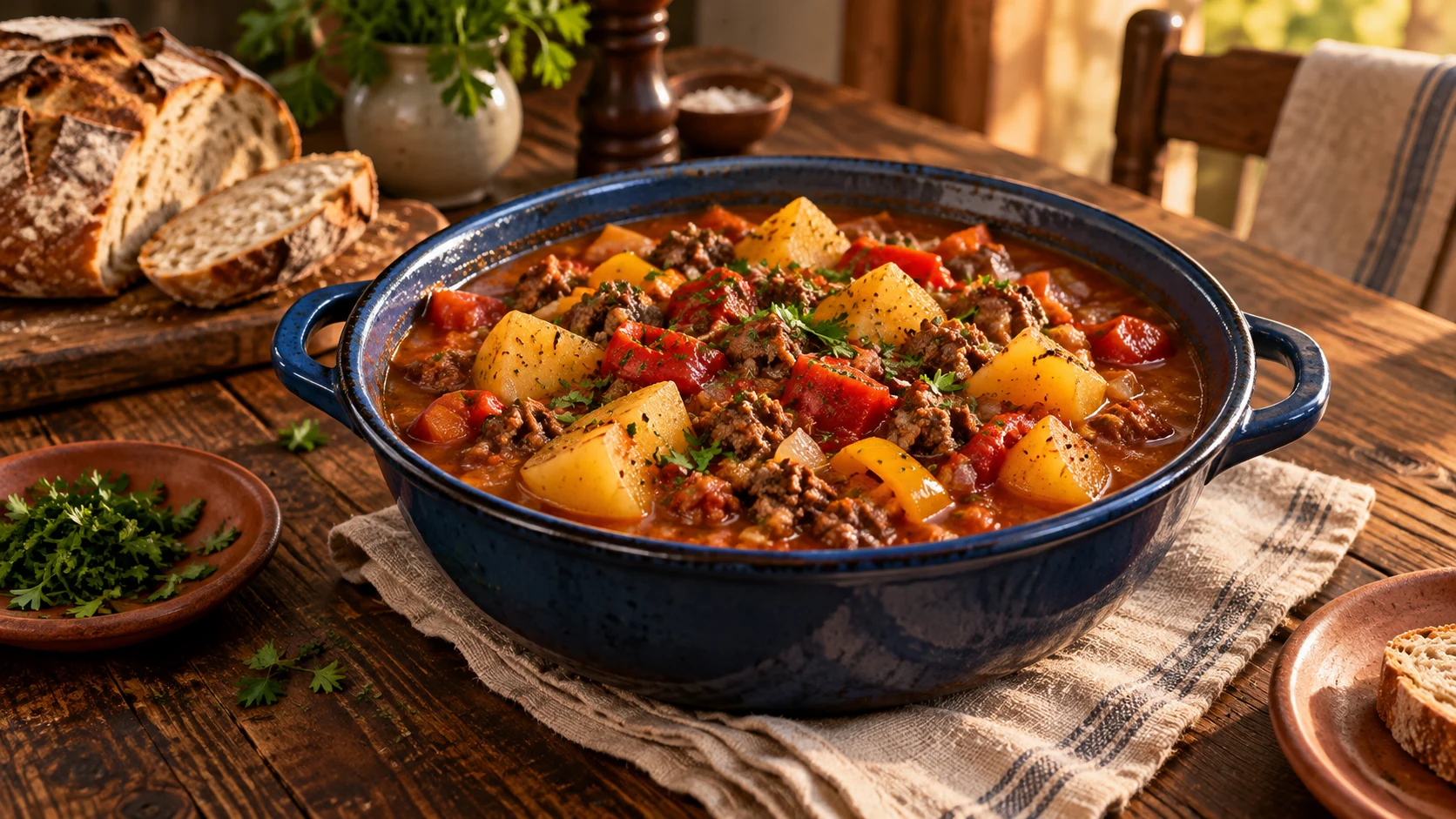 Bauerntopf mit Hackfleisch, Kartoffeln und Paprika in Tomatensauce