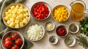 Vorbereitete Kartoffeln, Paprika, Zwiebeln und Gewürze für Bauerntopf