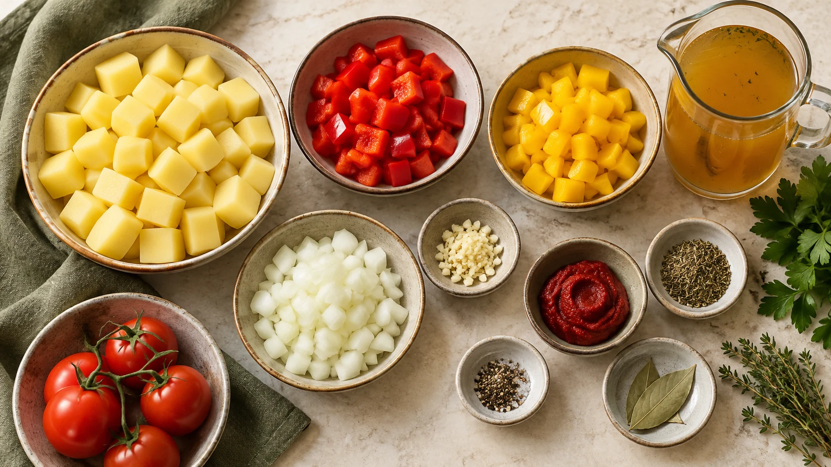 Vorbereitete Kartoffeln, Paprika, Zwiebeln und Gewürze für Bauerntopf