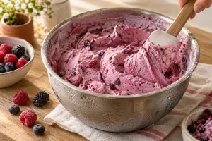 Halbgefrorene Beeren-Joghurt-Eismasse in gekühlter Schüssel