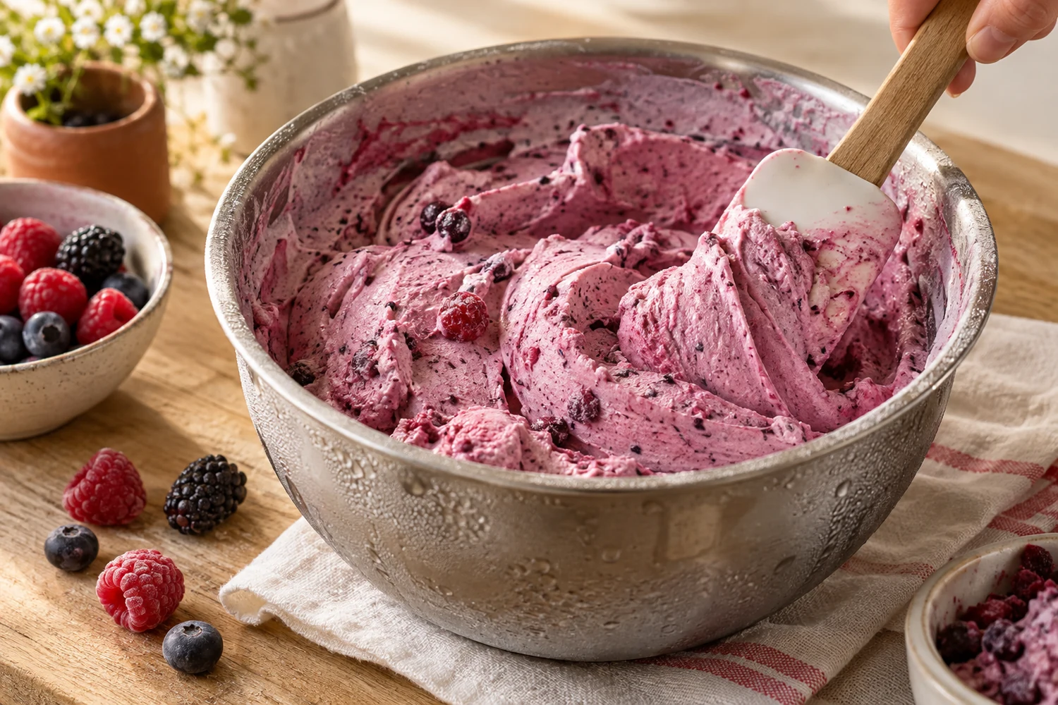 Halbgefrorene Beeren-Joghurt-Eismasse in gekühlter Schüssel