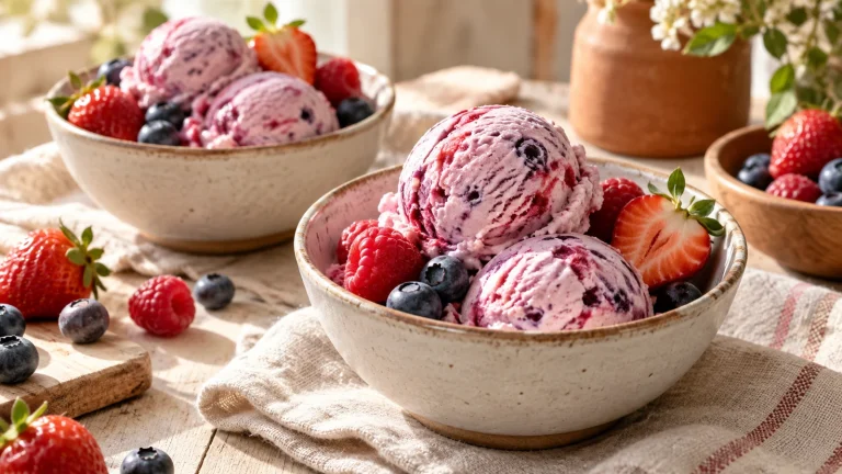 Cremiges Beeren-Joghurt-Eis mit Erdbeeren, Himbeeren und Heidelbeeren in Schalen