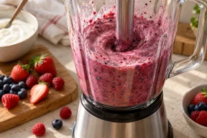 Dicke rosa Beeren-Joghurt-Masse beim Pürieren im Mixer