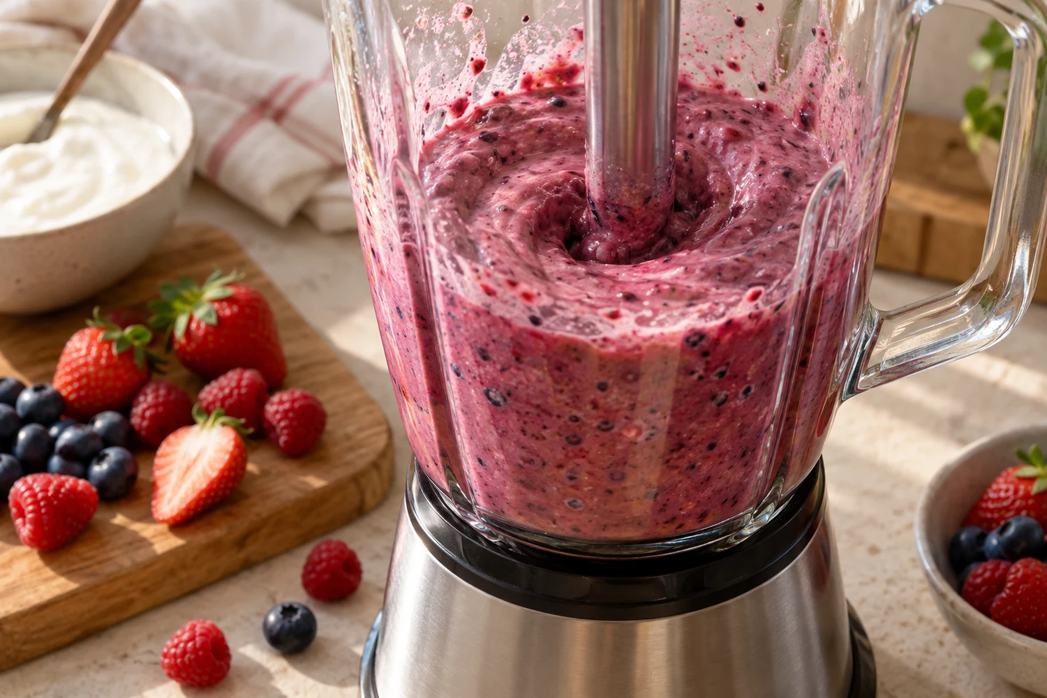 Dicke rosa Beeren-Joghurt-Masse beim Pürieren im Mixer