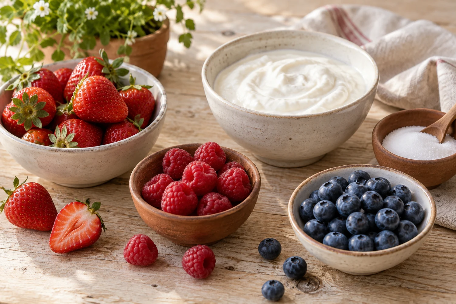 Erdbeeren, Himbeeren, Heidelbeeren, griechischer Joghurt und Zucker auf Holztisch
