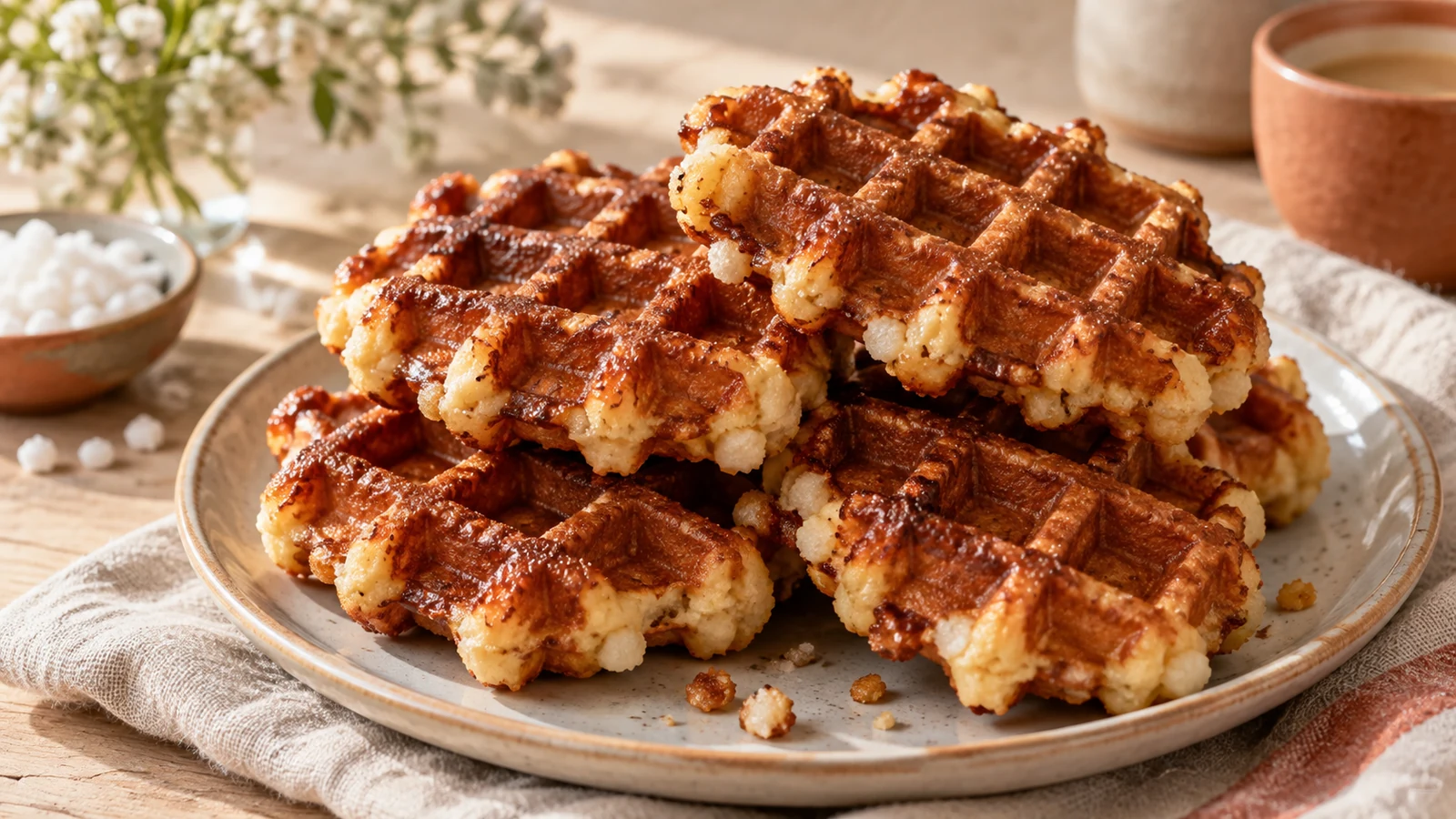Goldbraune dicke Lütticher Hefewaffeln mit karamellisierten Zuckerstellen