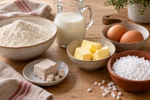 Mehl, Hefe, Milch, Butter, Eier und Hagelzucker für belgische Waffeln