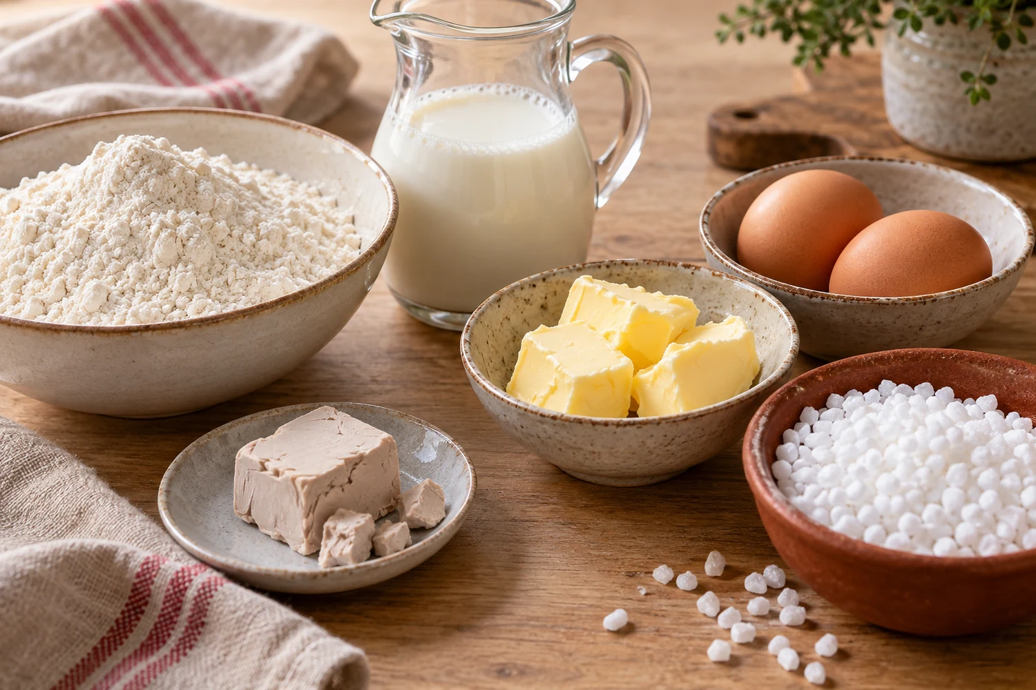 Mehl, Hefe, Milch, Butter, Eier und Hagelzucker für belgische Waffeln