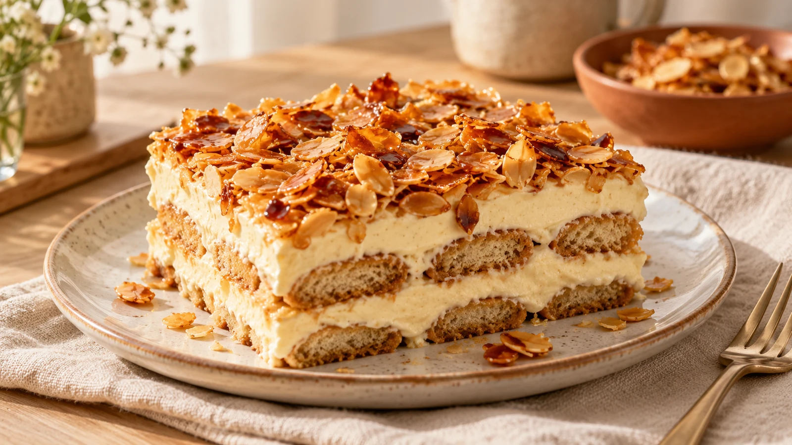 Stück Bienenstich-Tiramisu mit Löffelbiskuit, Vanillecreme und karamellisierten Mandelblättchen