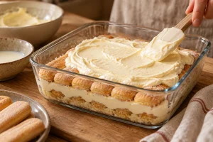 Vanillecreme wird auf leicht benetzte Löffelbiskuits in einer Form gestrichen