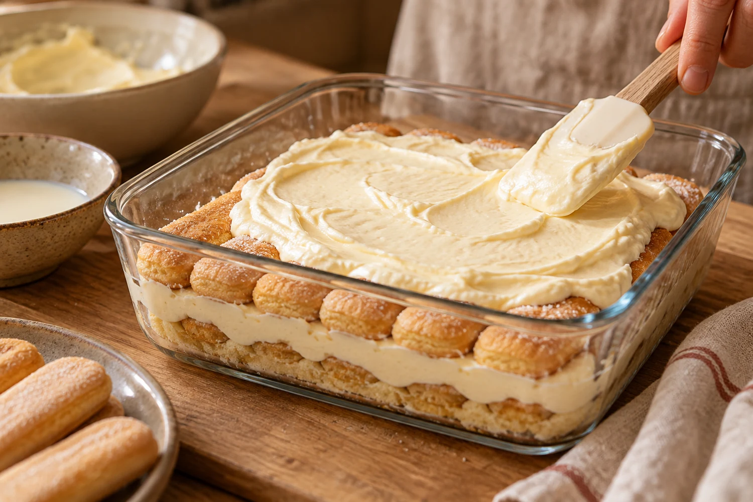 Vanillecreme wird auf leicht benetzte Löffelbiskuits in einer Form gestrichen