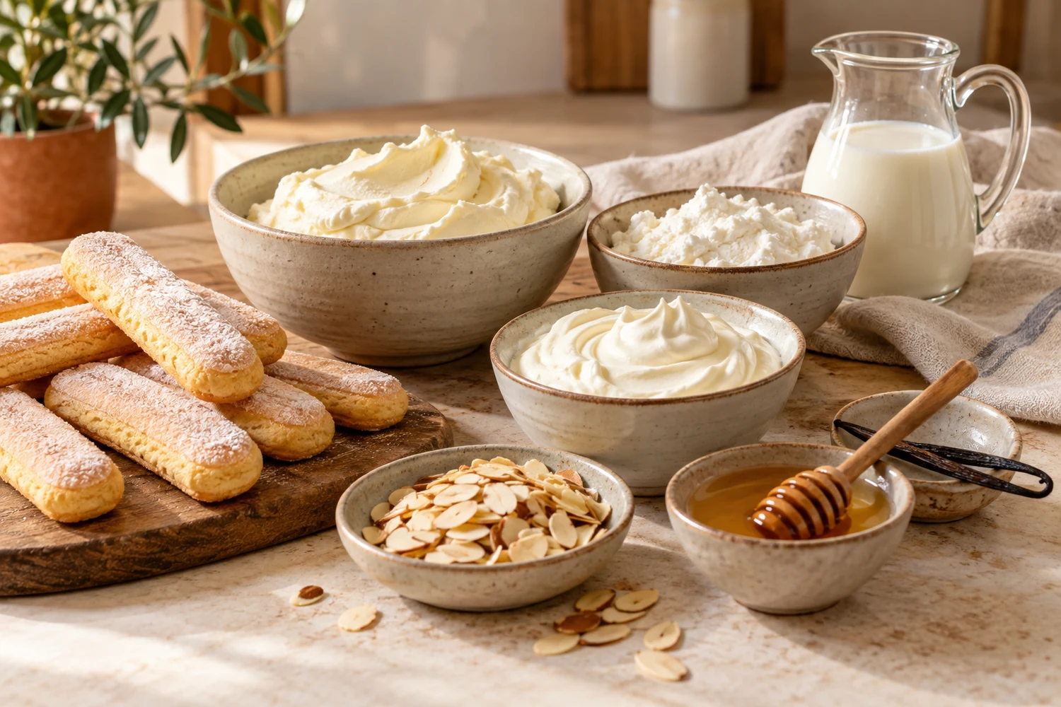 Löffelbiskuits, Mascarpone, Quark, Sahne, Vanille, Mandeln und Honig