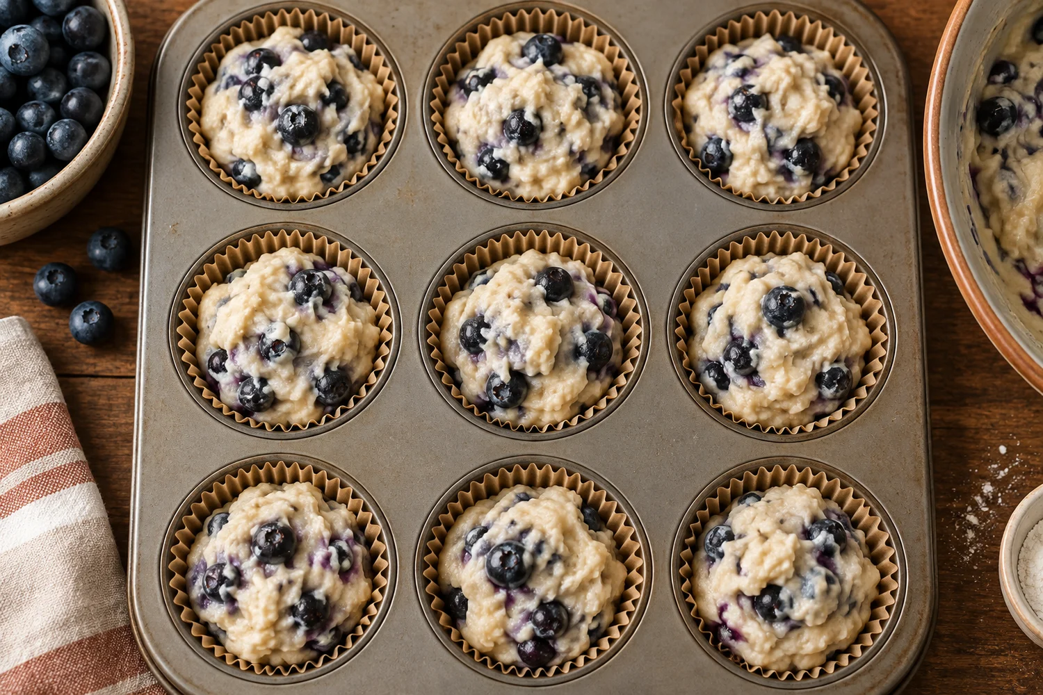 Gefüllte Muffinförmchen mit Blaubeerteig unmittelbar vor dem Backen