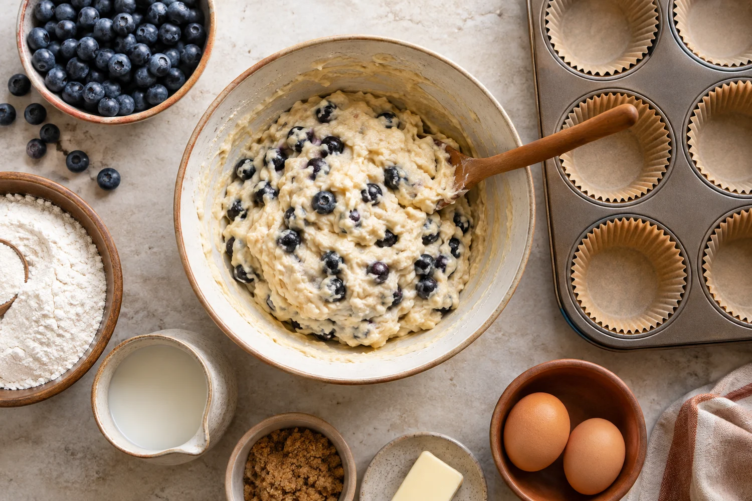 Muffinteig, Blaubeeren und Muffinblech vor dem Backen