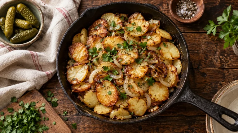 Knusprige Bratkartoffeln mit goldbraunen Zwiebeln in einer Gusseisenpfanne