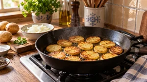 Kartoffelscheiben braten in einer Lage goldbraun in der heißen Pfanne
