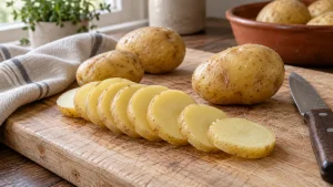 Vorgekochte festkochende Kartoffeln sind in gleichmäßige Scheiben geschnitten
