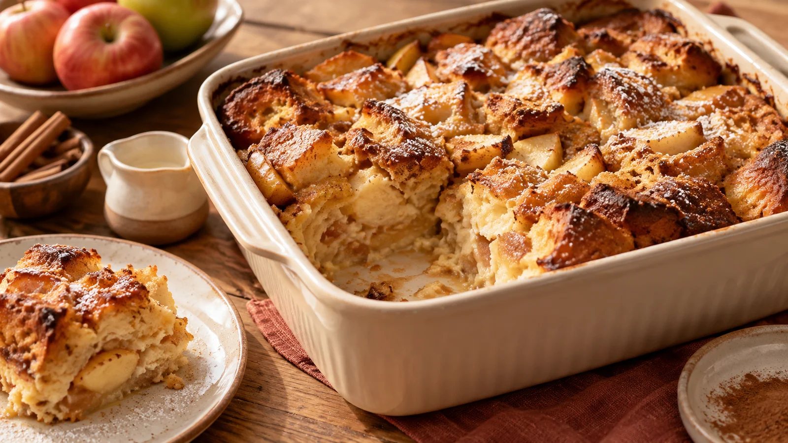 Angeschnittener saftiger Brotpudding mit goldbrauner Oberfläche
