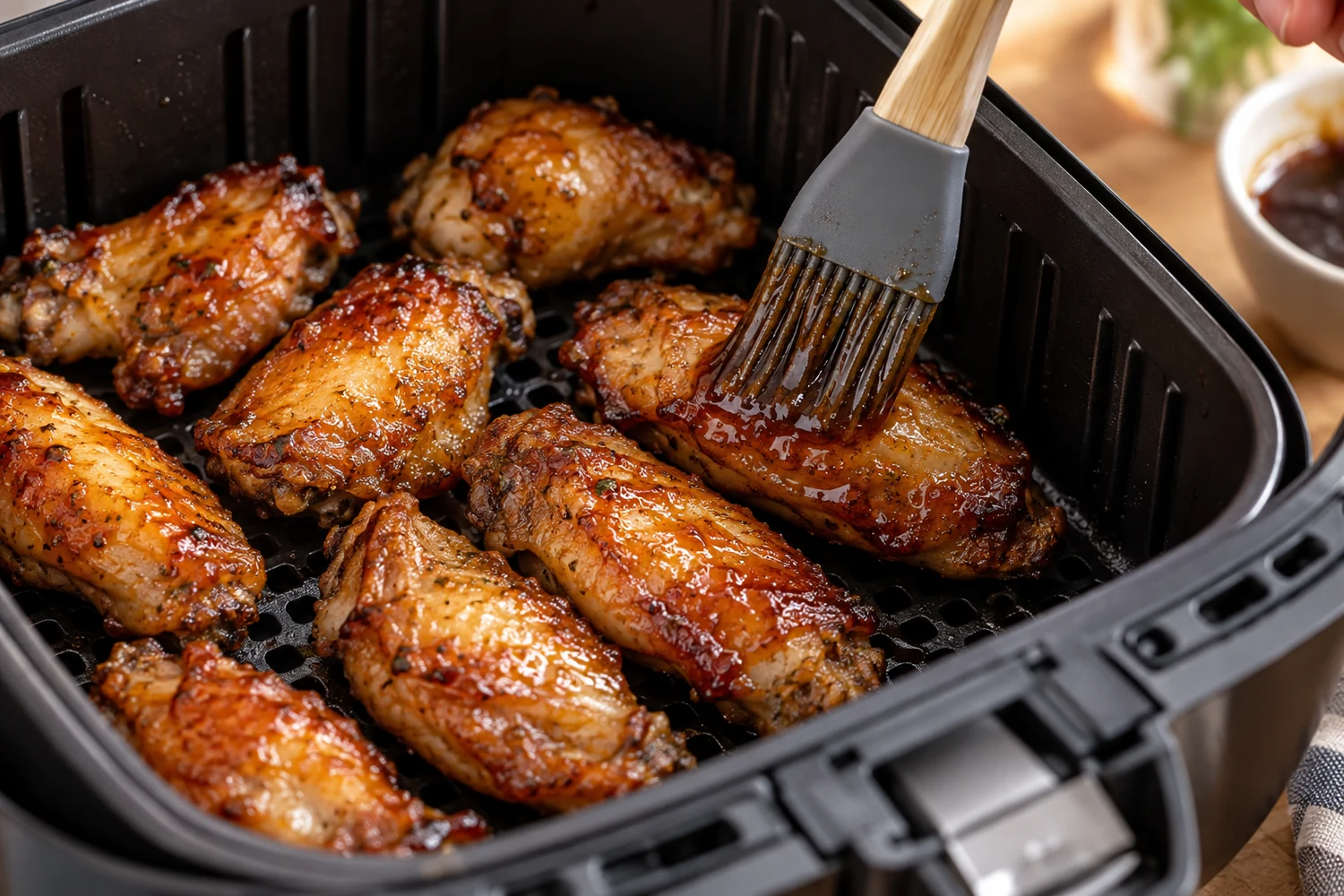 Fast fertige Chicken Wings werden mit Honig-Sojasoße bepinselt