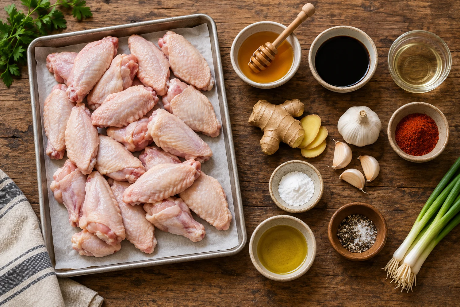 Wings, Honig, Sojasauce, Ingwer, Knoblauch und Gewürze