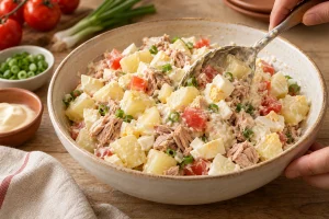 Ensaladilla Rusa mit Kartoffelstücken, Ei und Thunfisch wird vorsichtig gemischt