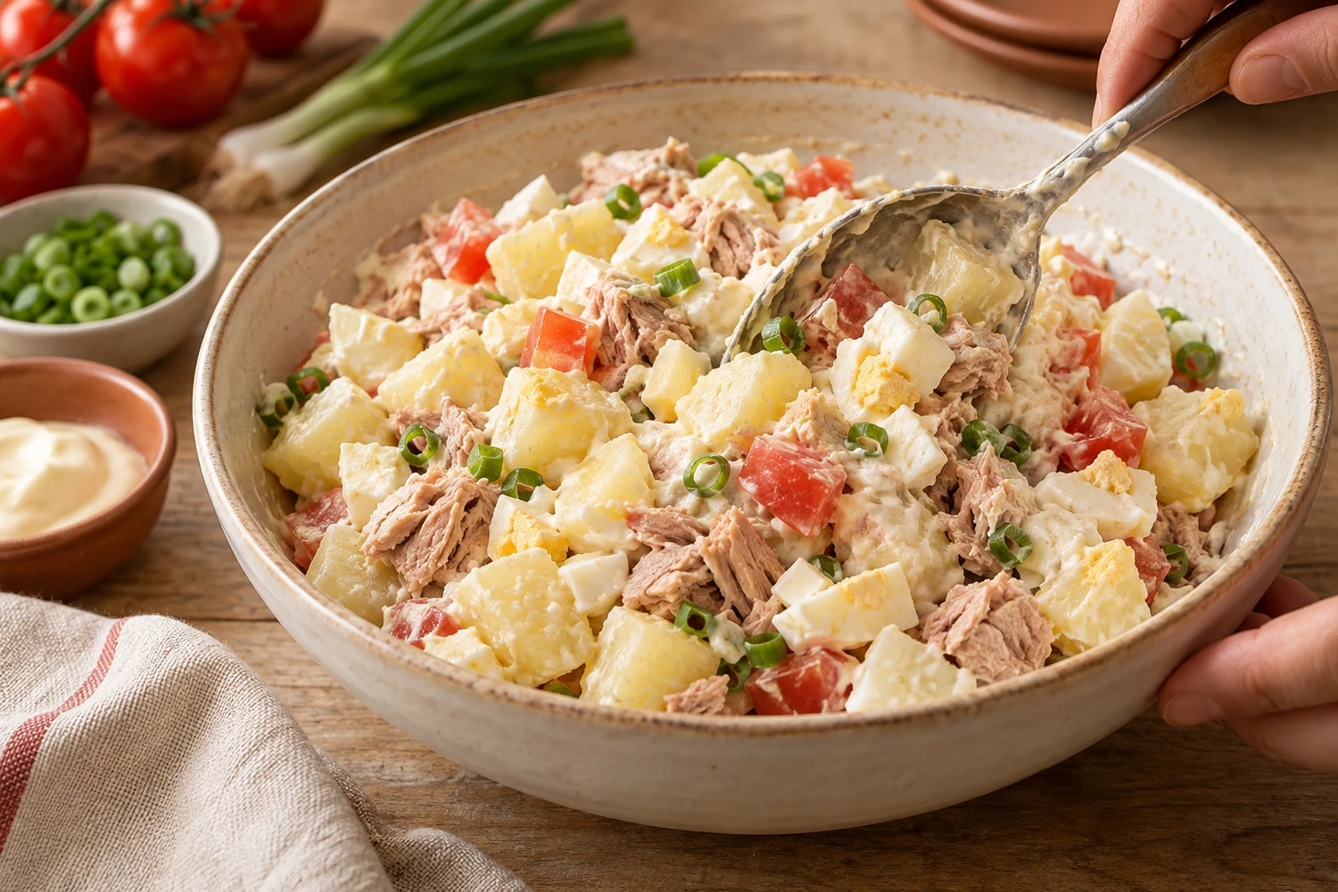 Ensaladilla Rusa mit Kartoffelstücken, Ei und Thunfisch wird vorsichtig gemischt