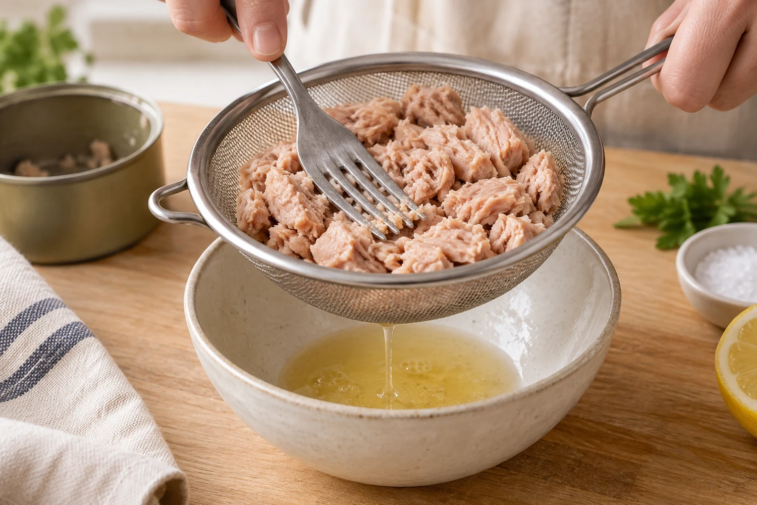 Thunfisch in einem Sieb wird mit einer Gabel gut abgetropft