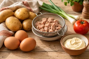 Kartoffeln, Eier, abgetropfter Thunfisch, Frühlingszwiebel, Tomate und Mayonnaise