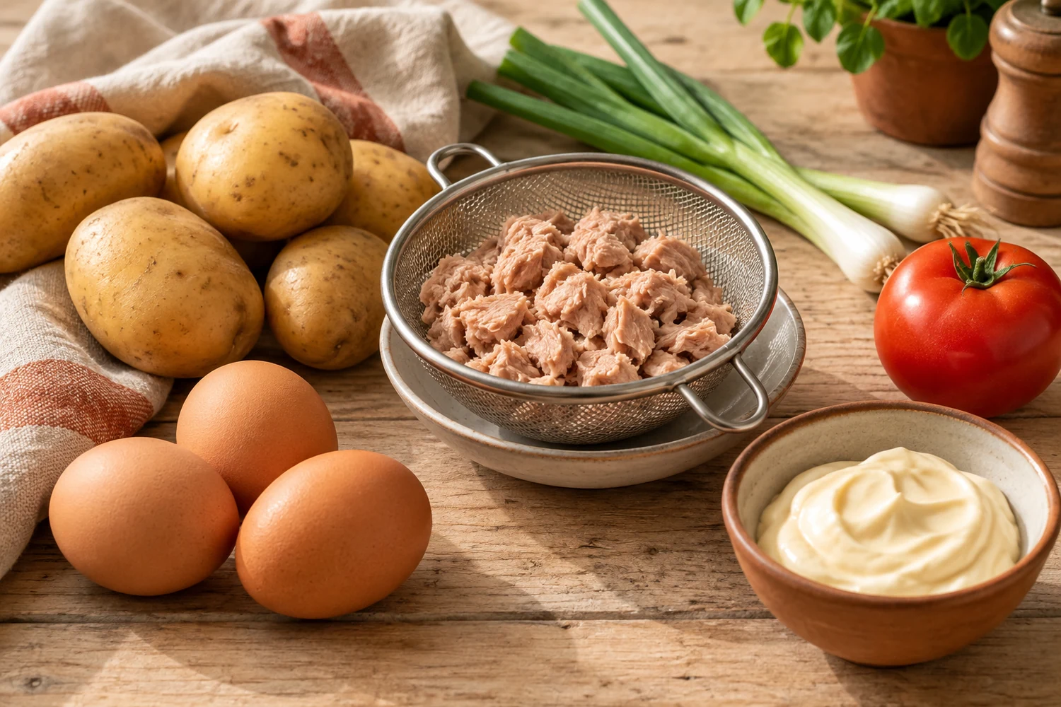 Kartoffeln, Eier, abgetropfter Thunfisch, Frühlingszwiebel, Tomate und Mayonnaise