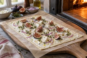 Dünn belegter Flammkuchen mit Feigen und Ziegenkäse vor dem Backen
