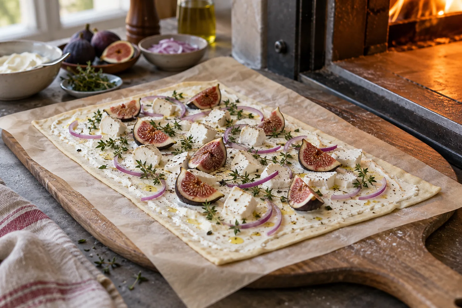 Dünn belegter Flammkuchen mit Feigen und Ziegenkäse vor dem Backen