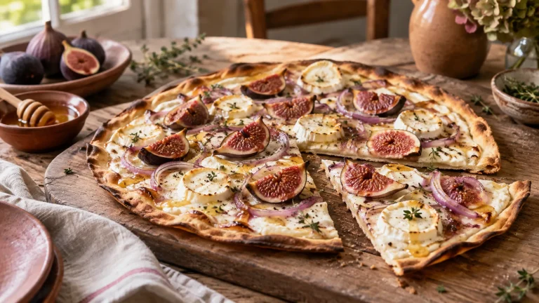 Knuspriger Flammkuchen mit Feigen, Ziegenkäse und roten Zwiebeln