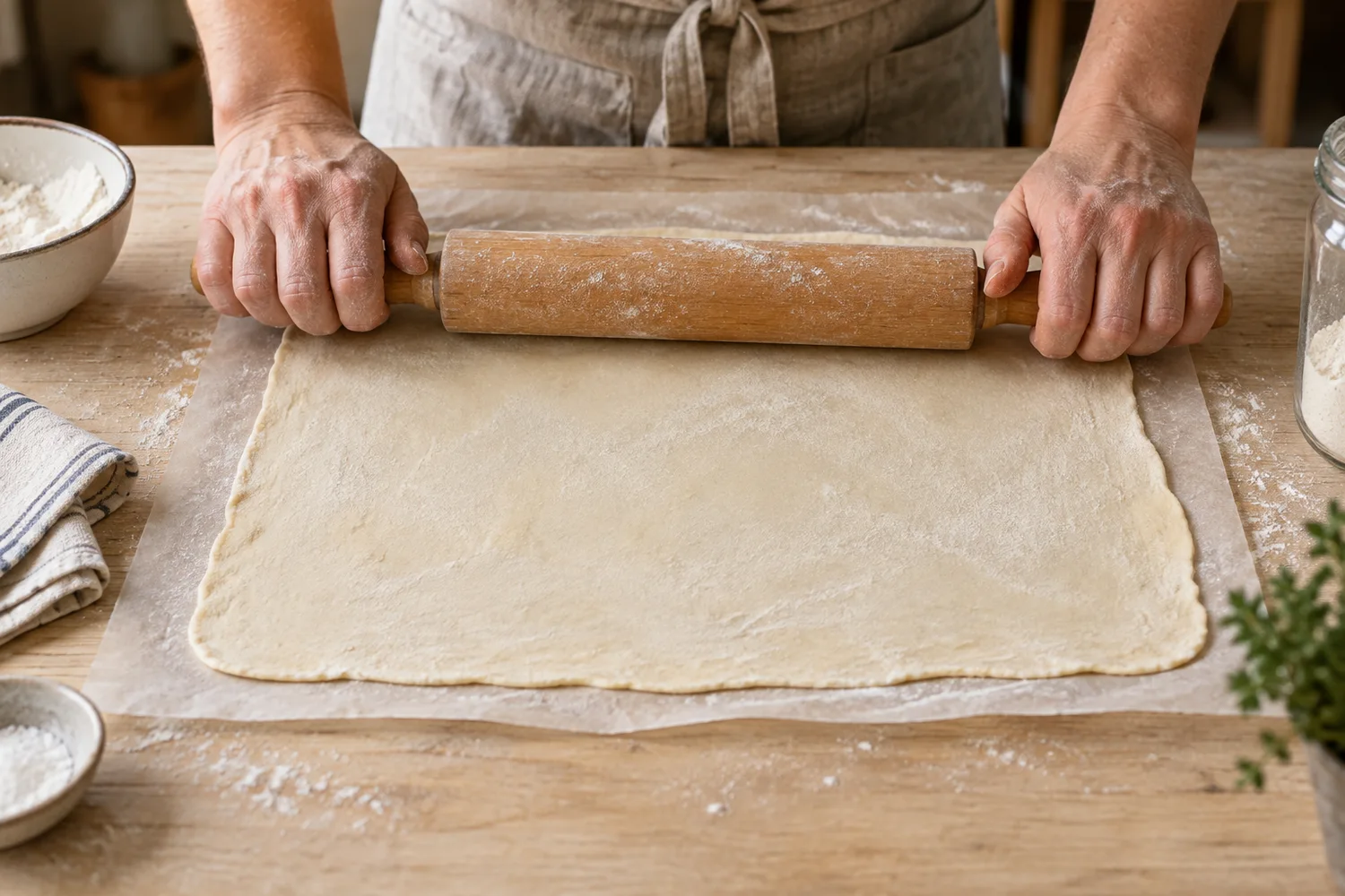 Flammkuchenteig wird auf Backpapier zu einem sehr dünnen Rechteck ausgerollt