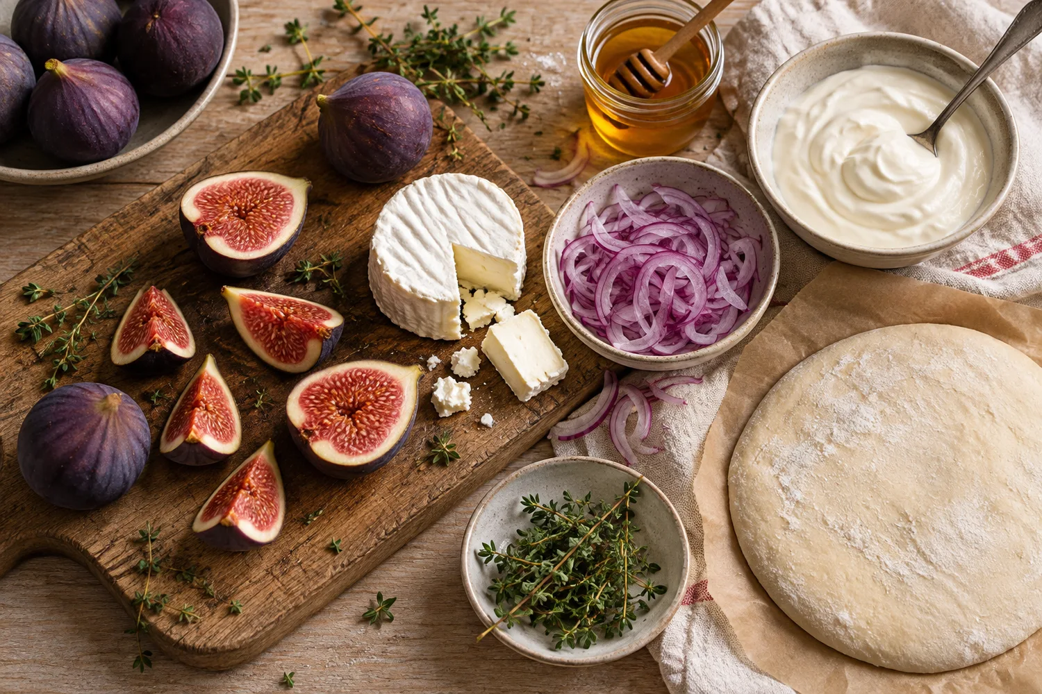 Frische Feigen, Ziegenkäse, rote Zwiebel und Flammkuchenteig auf dem Tisch