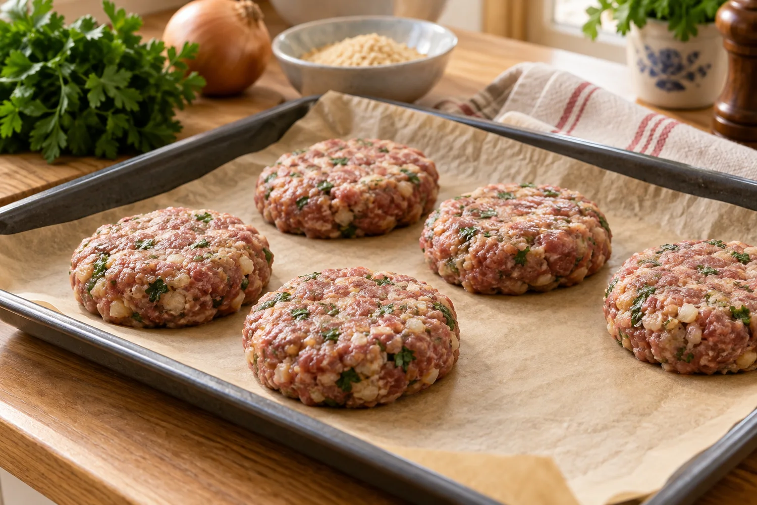 Gleichmäßig geformte rohe Fleischpflanzerl vor dem Braten