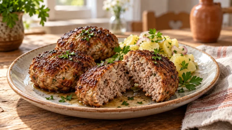 Goldbraune Fleischpflanzerl, eines aufgeschnitten, mit Kartoffelsalat