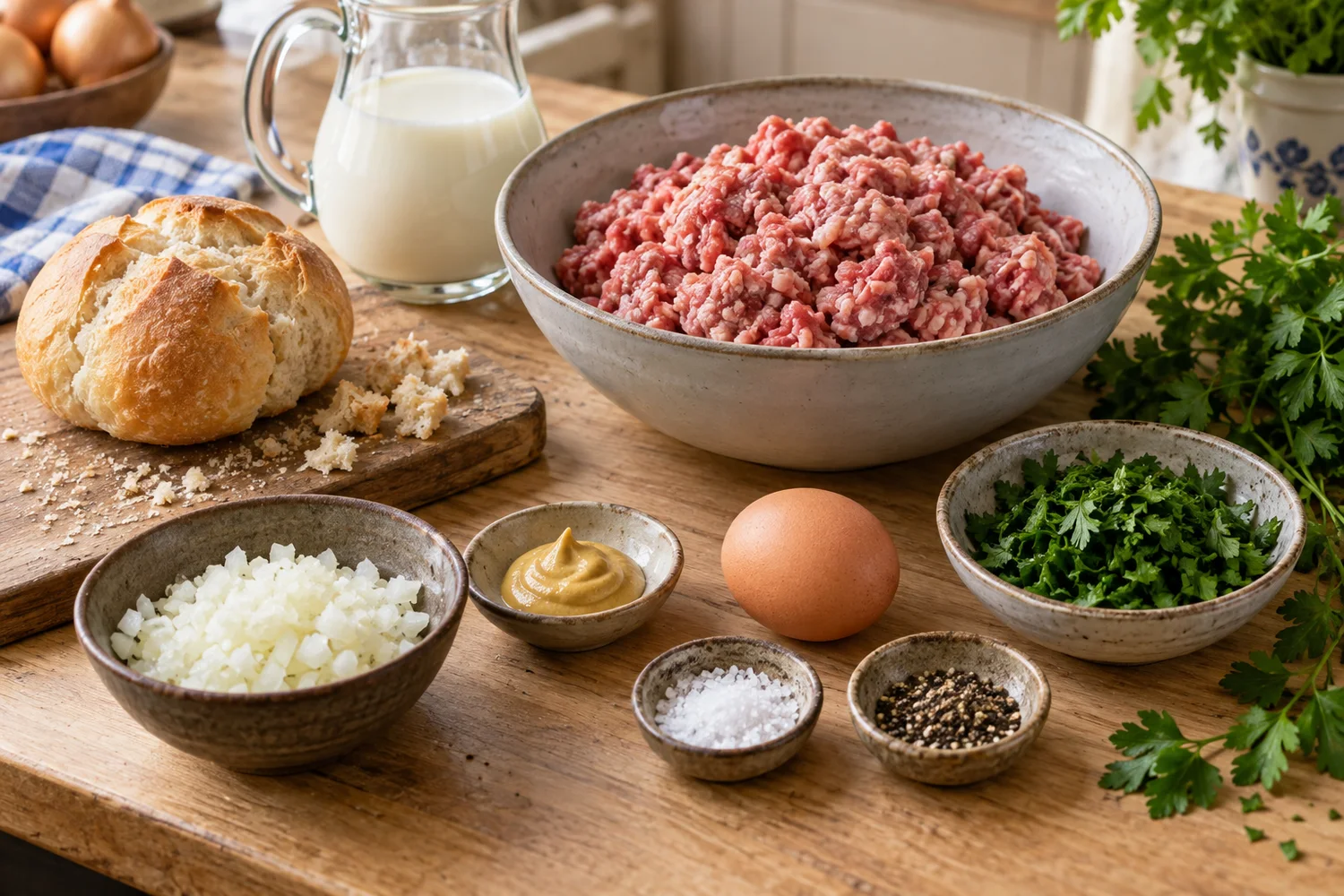 Hackfleisch, Brötchen, Ei, Zwiebel, Petersilie und Gewürze für Fleischpflanzerl