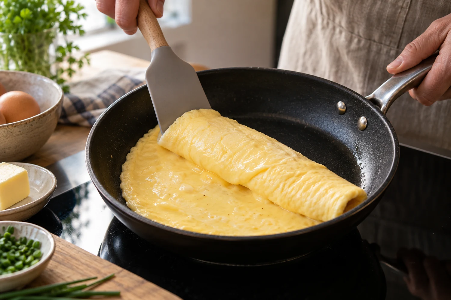 Helles französisches Omelett wird in der Pfanne gefaltet