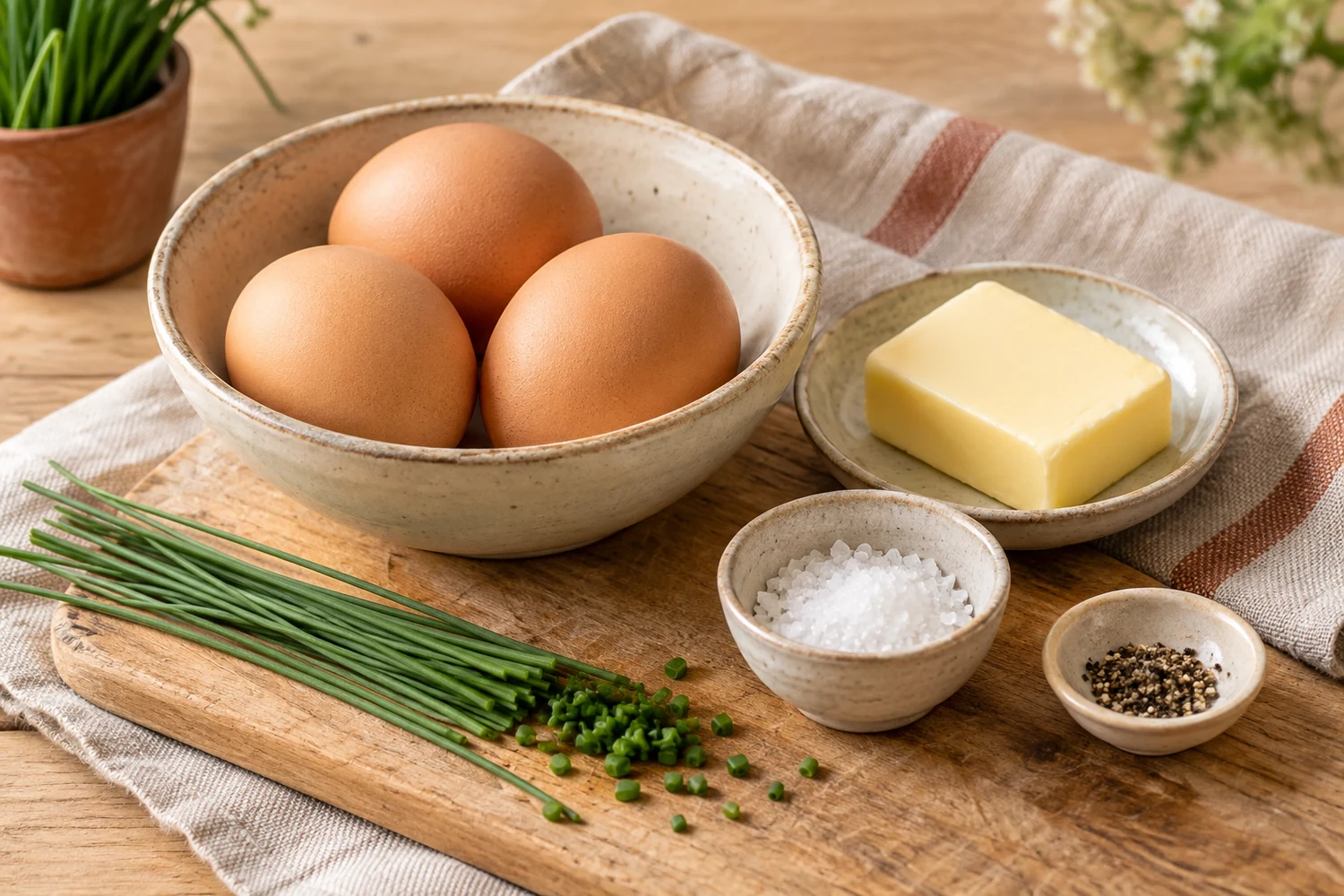 Drei Eier, Butter, Salz und Schnittlauch für französisches Omelett