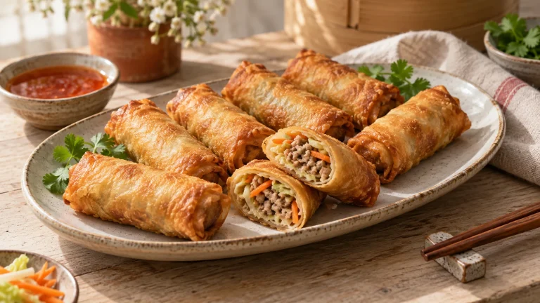 Goldbraune Frühlingsrollen aus dem Airfryer, eine halbiert mit Hackfleisch-Gemüse-Füllung