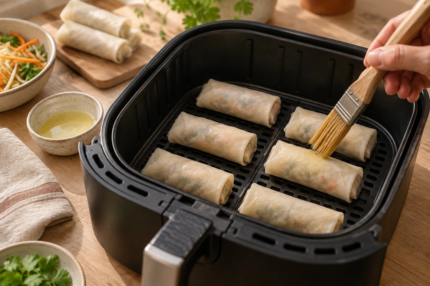 Frühlingsrollen mit dünnem Ölfilm und Abstand im Airfryer-Korb