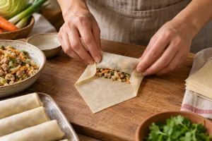 Frühlingsrolle wird mit gekühlter Füllung eng gefaltet und aufgerollt