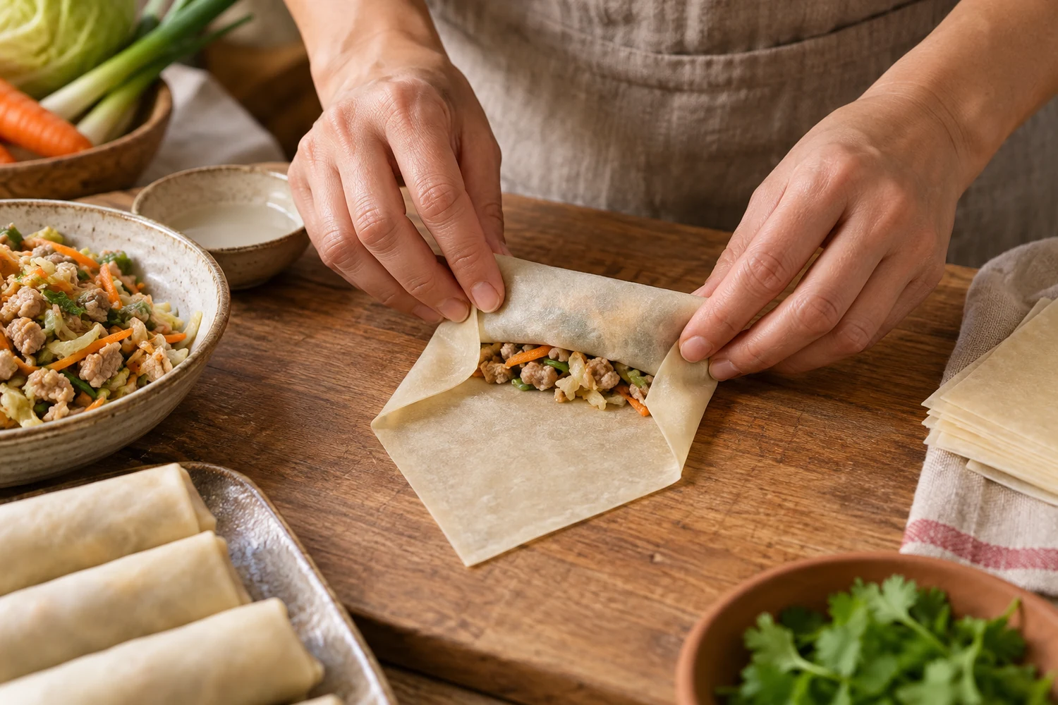 Frühlingsrolle wird mit gekühlter Füllung eng gefaltet und aufgerollt