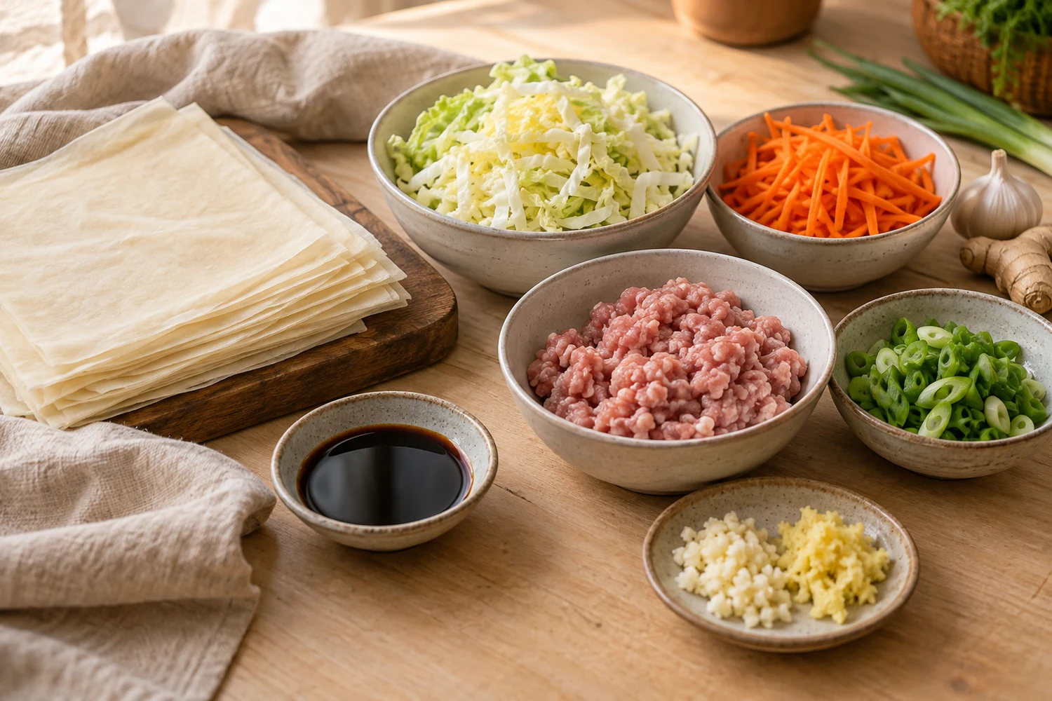 Teigblätter, Chinakohl, Möhre, Hackfleisch und Würzzutaten für Frühlingsrollen