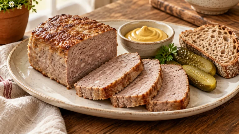 Hausgemachtes Frühstücksfleisch in Scheiben mit Senf, Gewürzgurken und Brot
